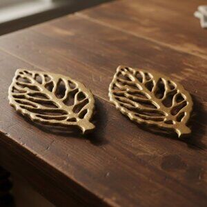 Vintage Cast Iron Leaf Trivets Set of 2 Gold Finish MCM Boho Wall Decor Trivet